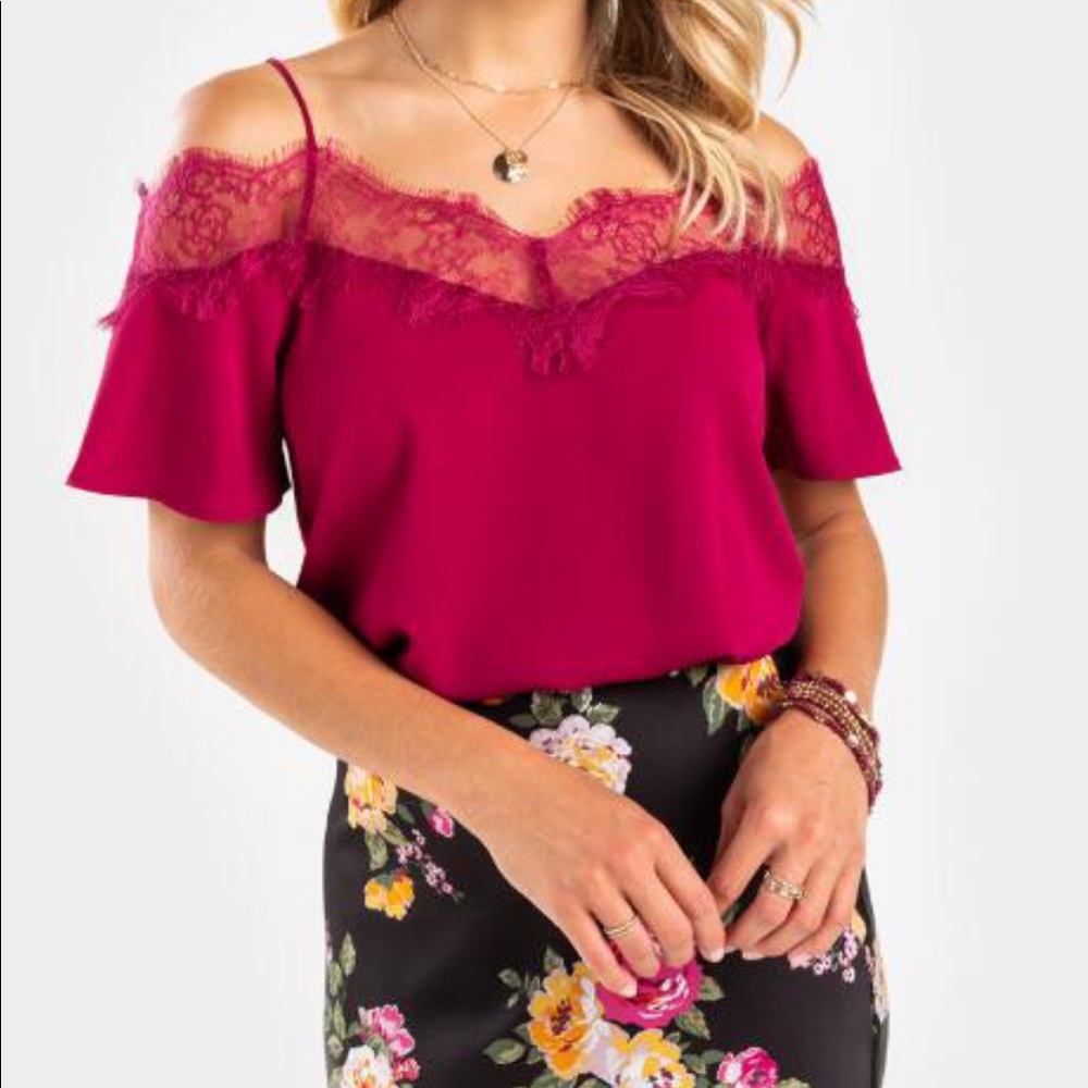 burgundy lace trim top